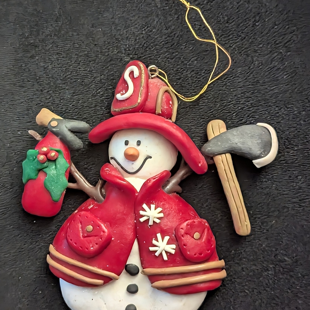 Clay Snowman Firefighter Ornament - Red and White 4"